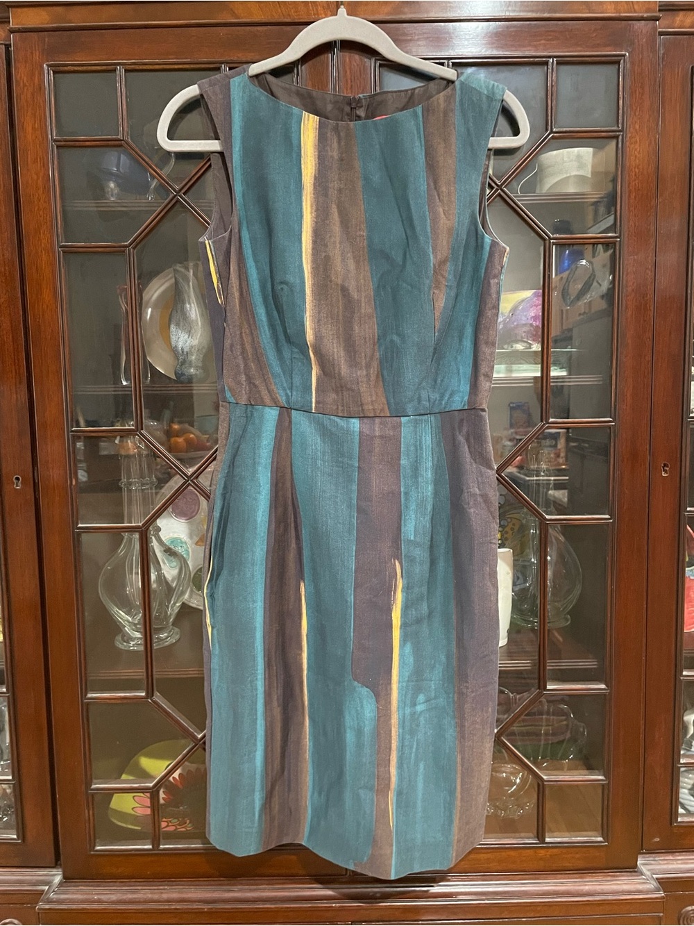 LaVia Brand Sleeveless Midi Dress in Teal, Brown & Yellow Stripe made in Italy